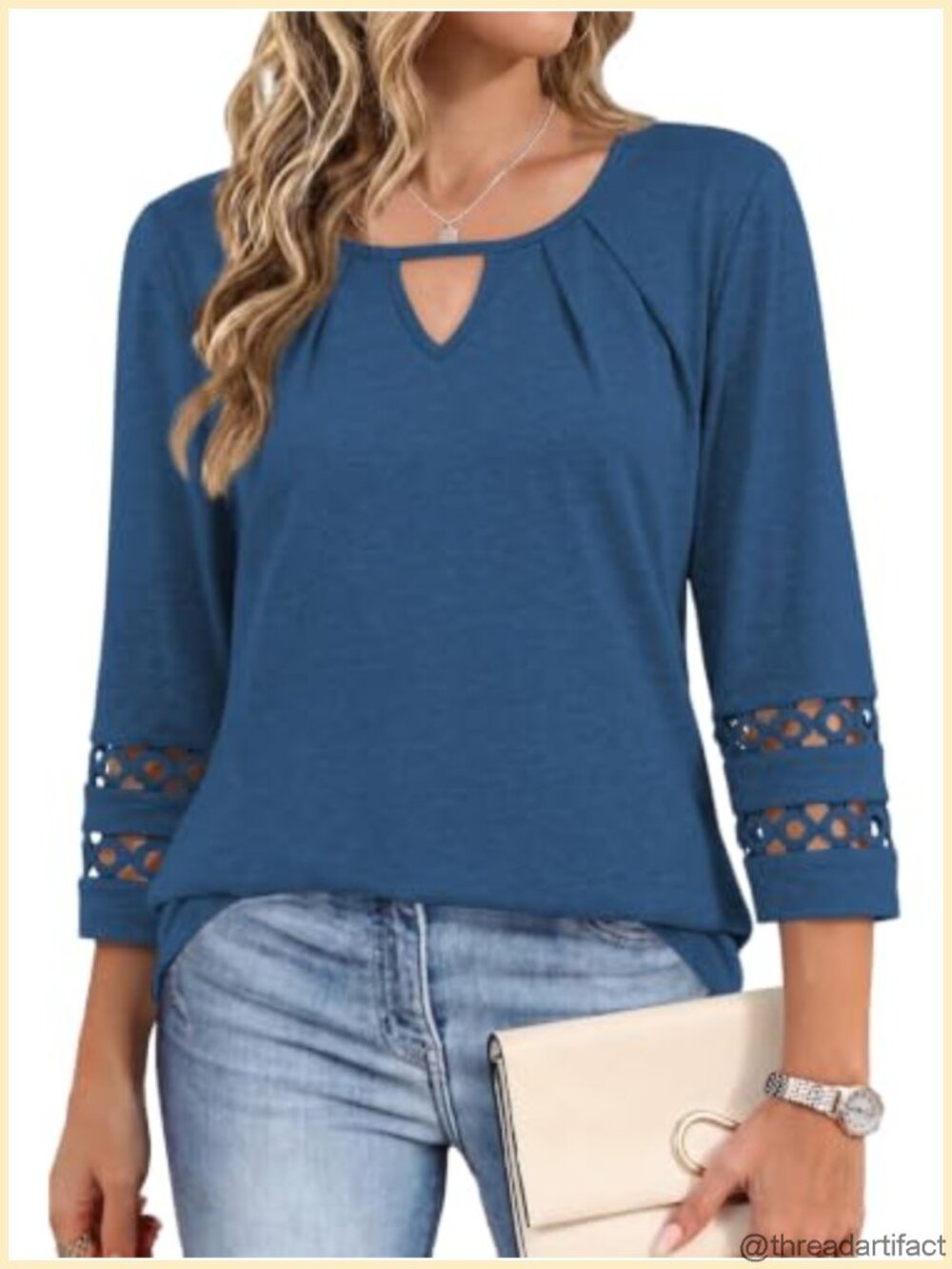 Women's 3/4 Sleeve Blouse Keyhole Lace Cuff Business Casual Tunic